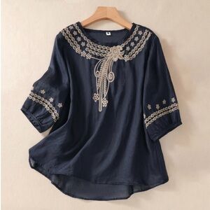 Elegant Navy Embroidered Women's Top